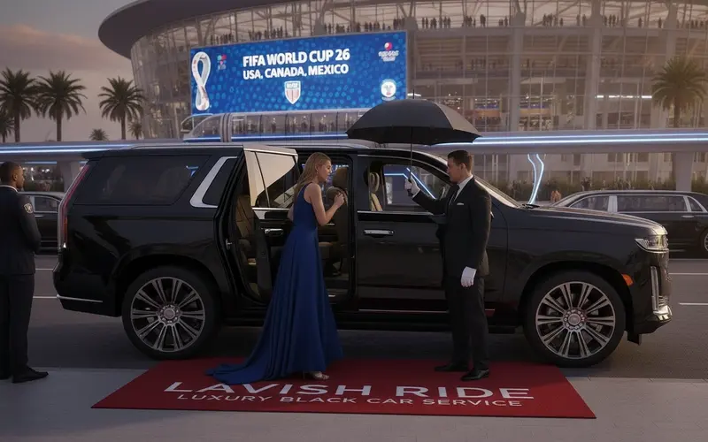 AI Image of Luxury black car service for FIFA World Cup 2026, featuring a chauffeur-driven SUV and red carpet arrival at the stadium